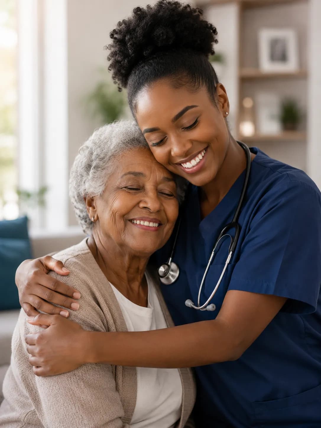 Elderly man with caregiver smiling