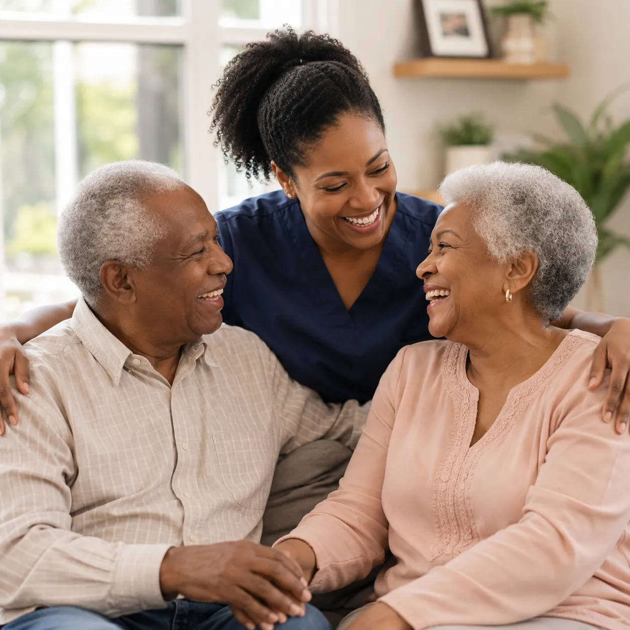 Caregiver having a warm conversation with elderly client