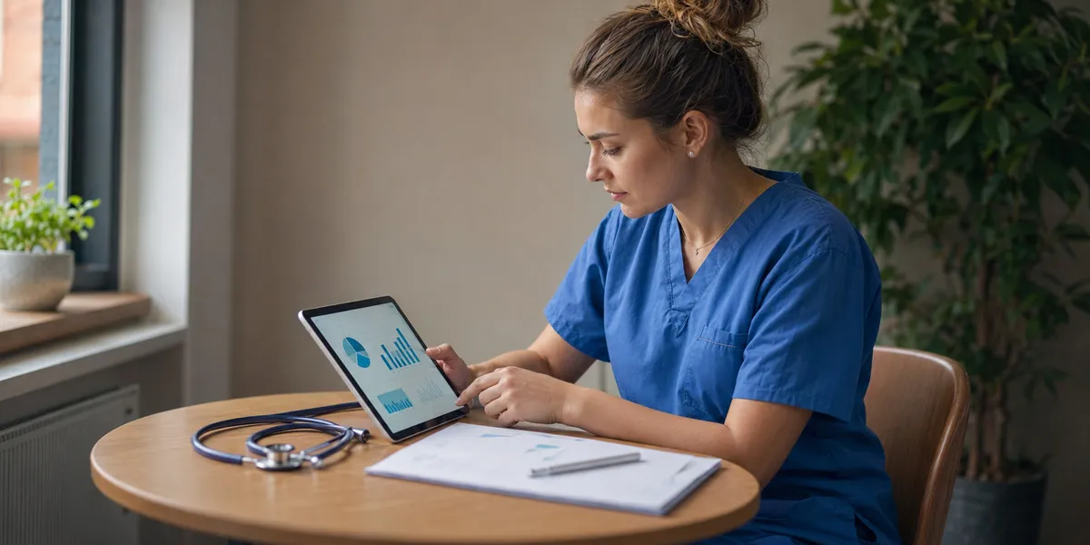 Home health nurse reviewing a clinical care plan on a tablet