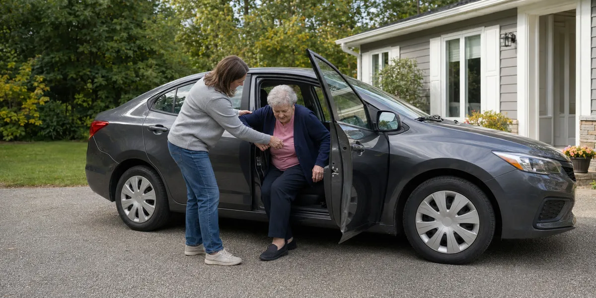 Caregiver providing transportation assistance to a senior client